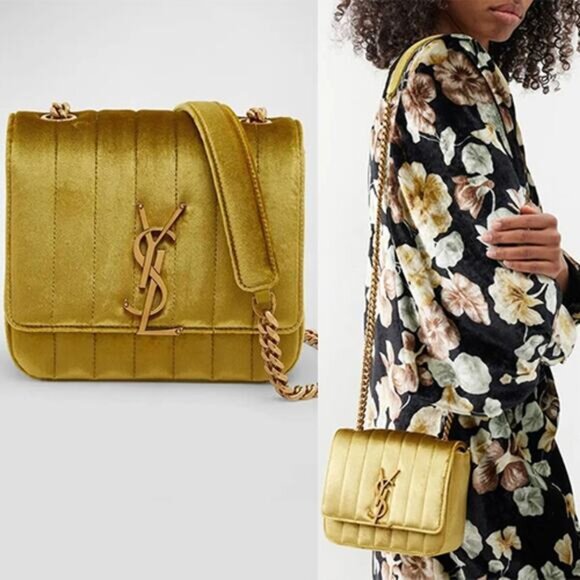 PREOWNED Saint Laurent Vicky Velvet YSL Logo Magnetic Cross-Body Bag Gold - Picture 1 of 14